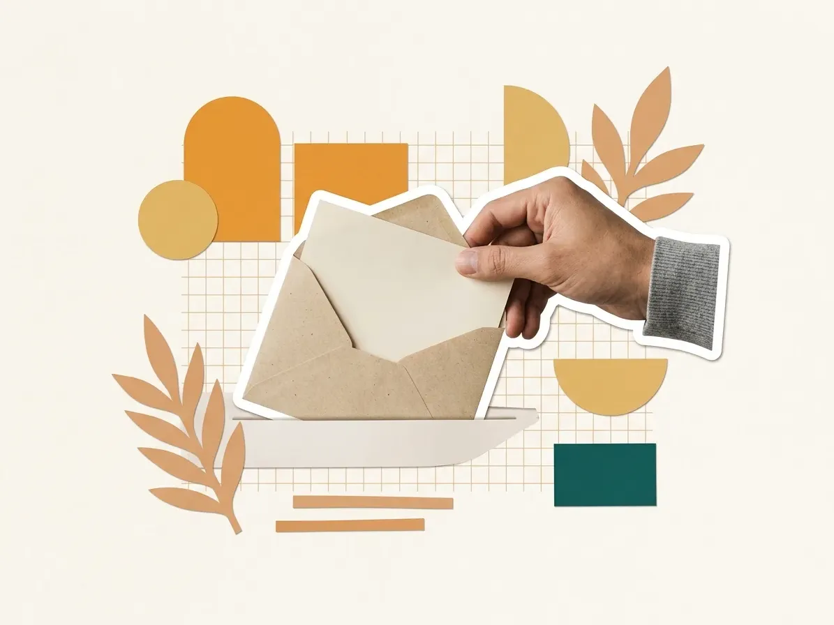 An open envelope with a blank sheet and a hand posting it, cut out against paper shapes