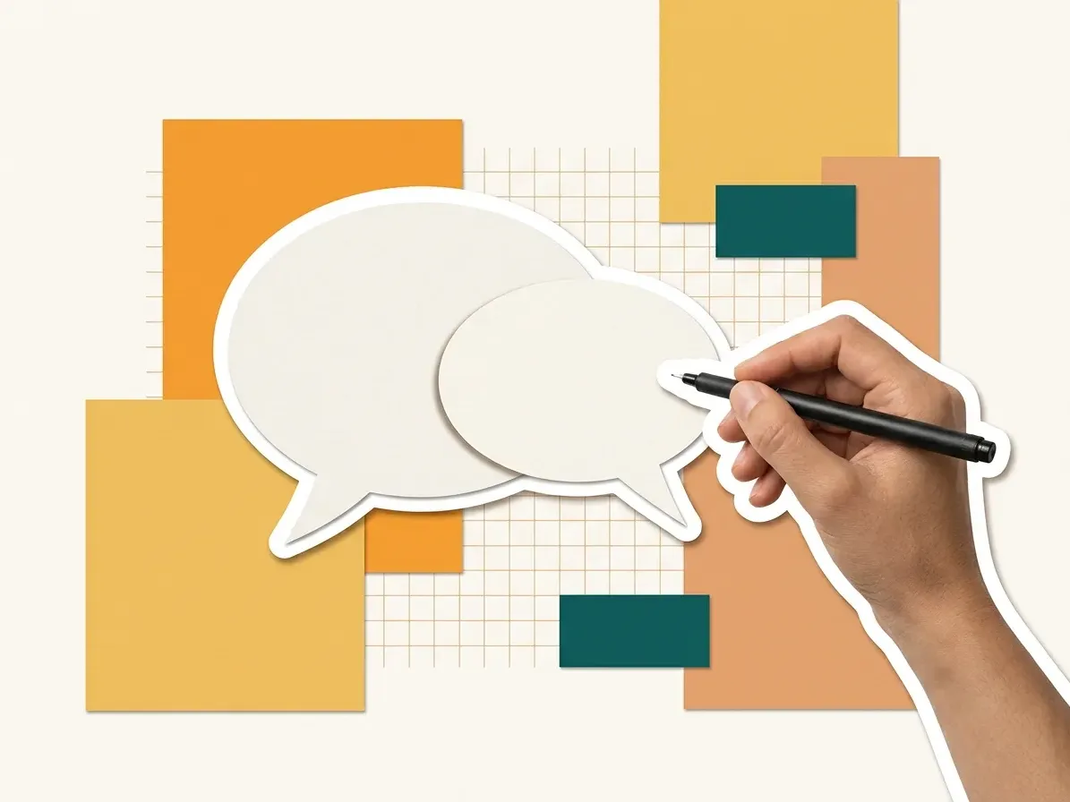 Two blank paper speech bubbles and a hand with a pen, cut out against paper shapes
