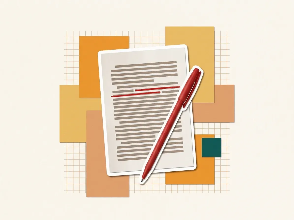 A printed page with a red pen across it and one paragraph struck through, cut out against paper shapes