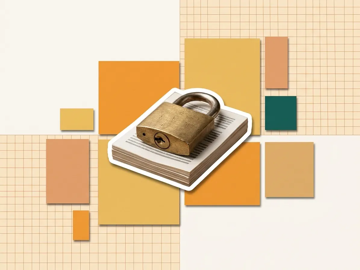 A closed padlock resting on a stack of printed pages, cut out against paper shapes