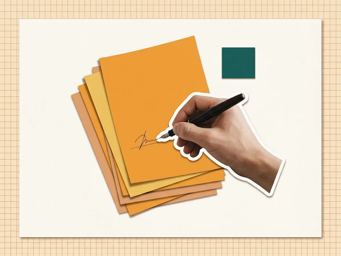 A hand signing the last page of a printed contract, cut out against paper shapes
