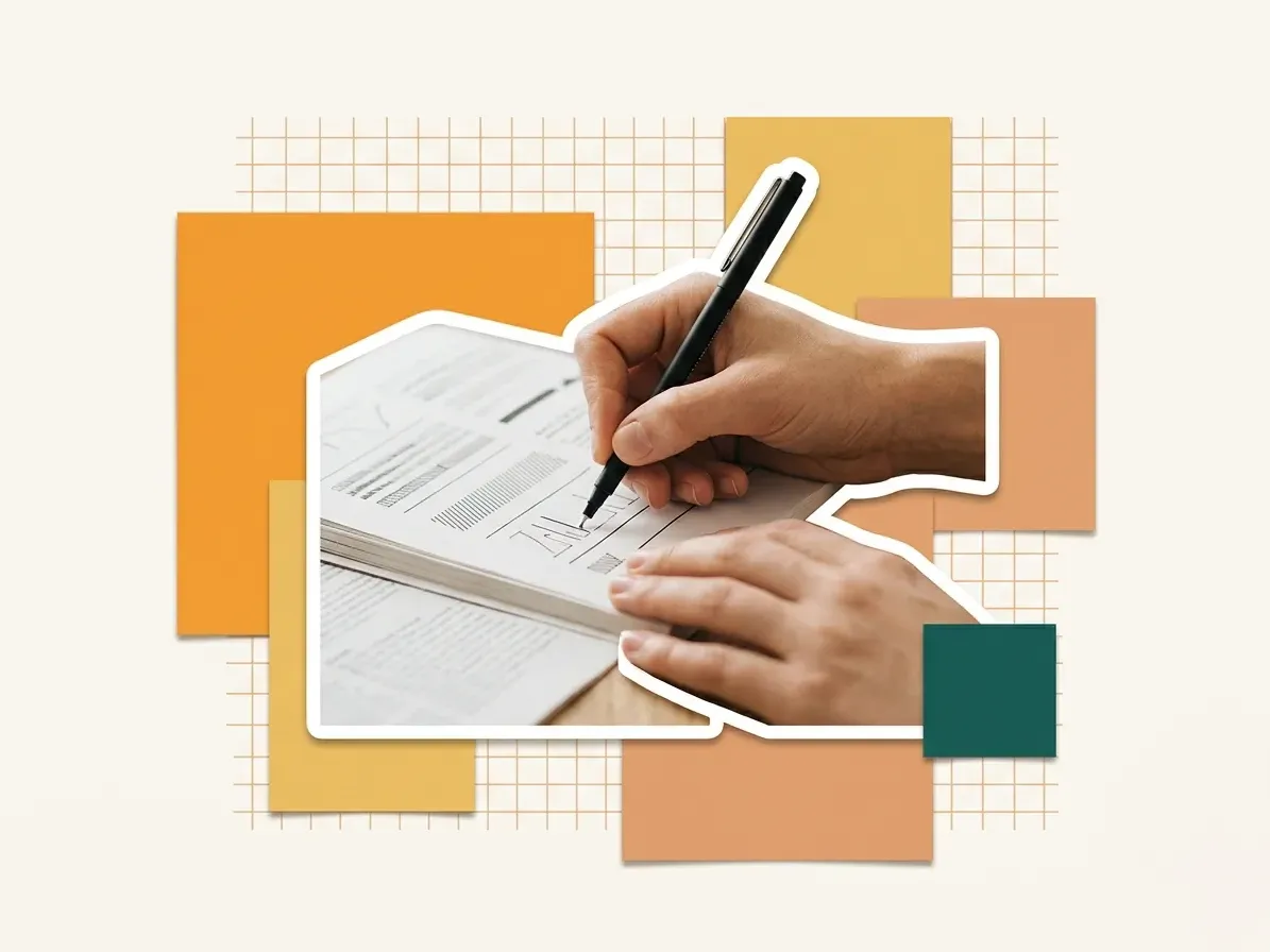 Hands annotating a printed page with a pen, cut out against paper shapes