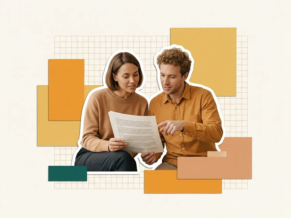 Two colleagues reading a printed translation together, cut out against paper shapes