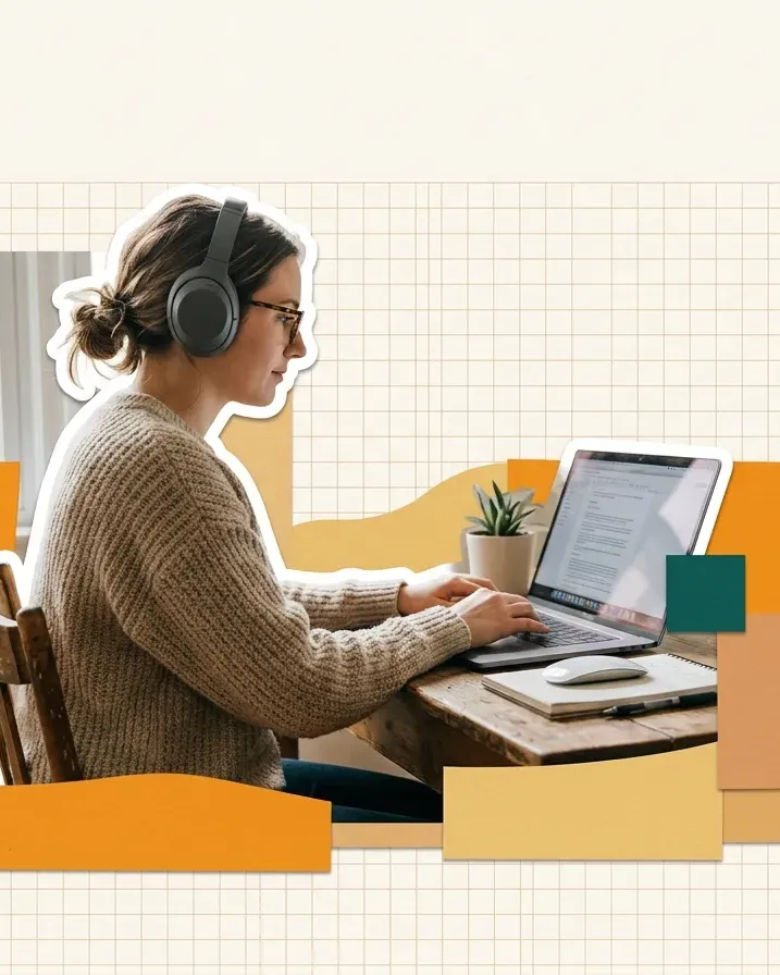 A linguist in headphones working at a laptop, cut out against paper shapes