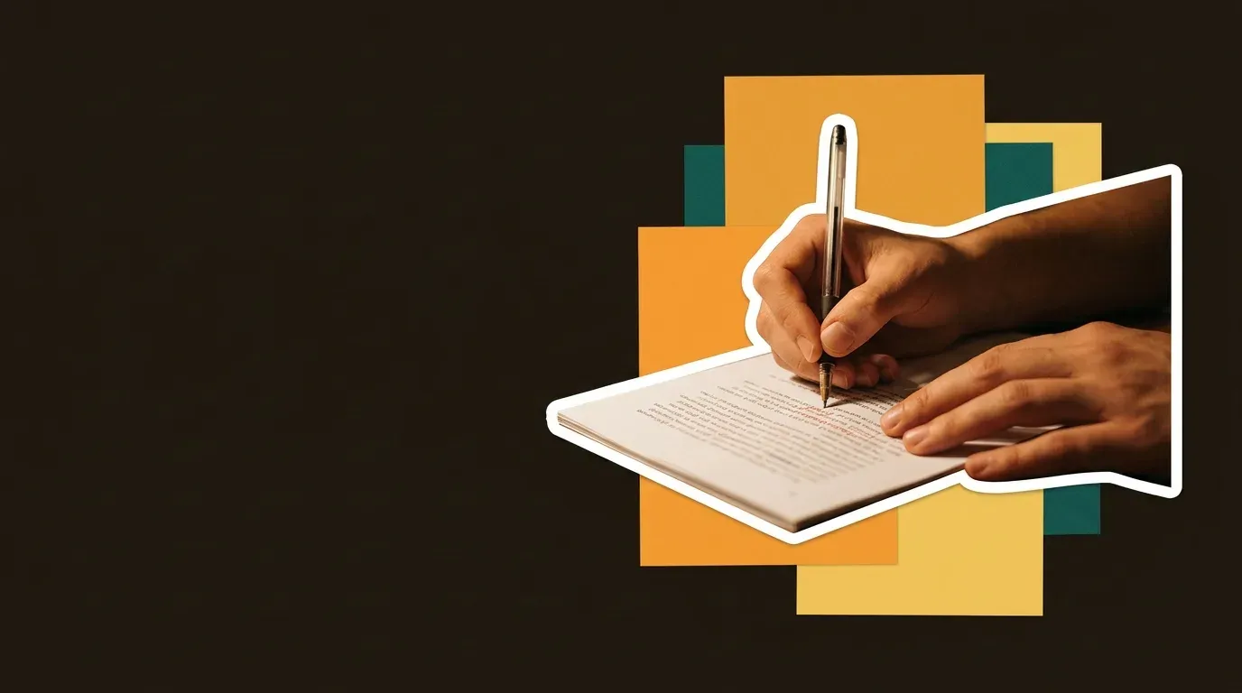 Hands writing corrections on a printed page, lit warmly against a dark ground