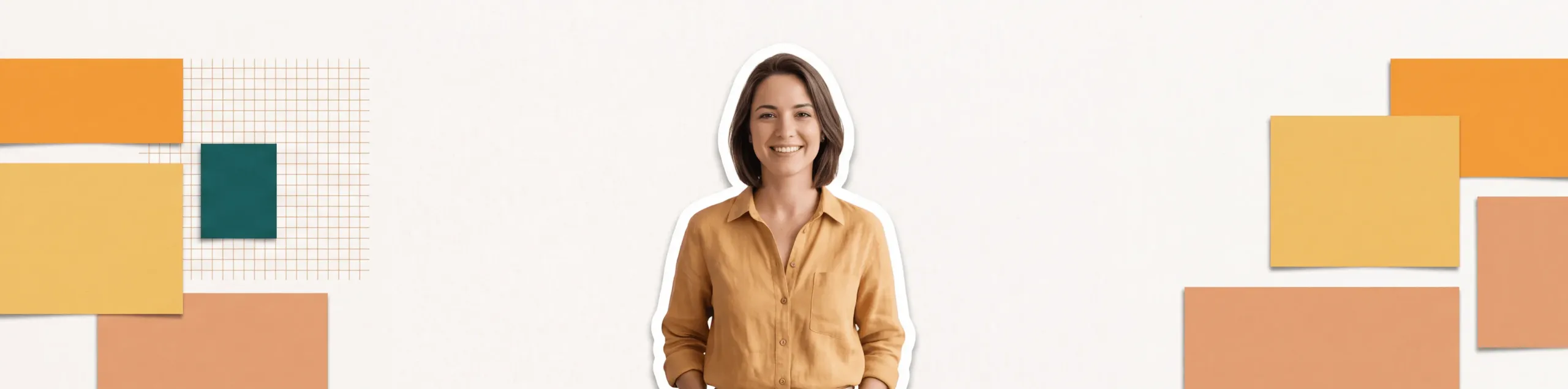 A smiling translator cut out against warm paper shapes and a fine grid
