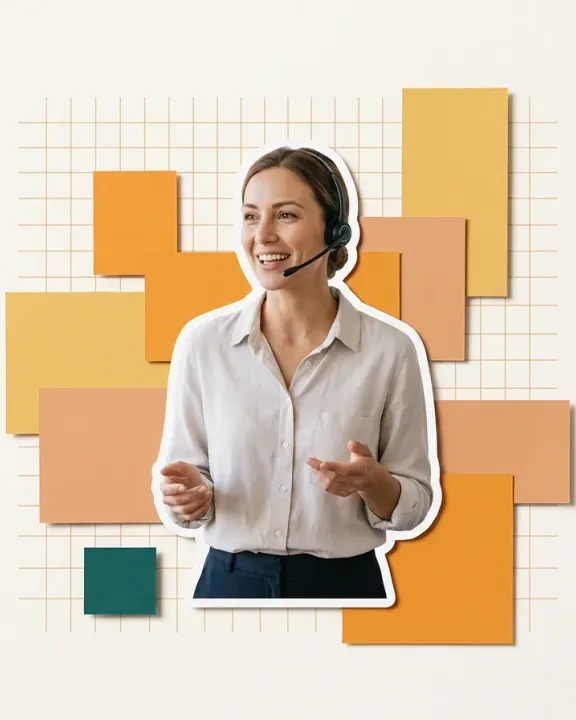 A project manager smiling mid-conversation, cut out against paper shapes