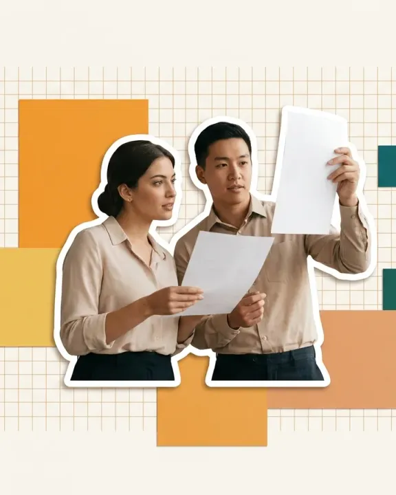 Two colleagues checking a finished document translation together