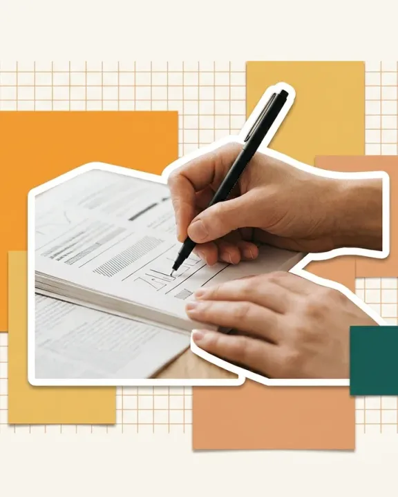 Hands annotating a printed page with a pen, cut out against paper shapes