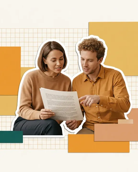Two colleagues reading a printed translation together, cut out against paper shapes