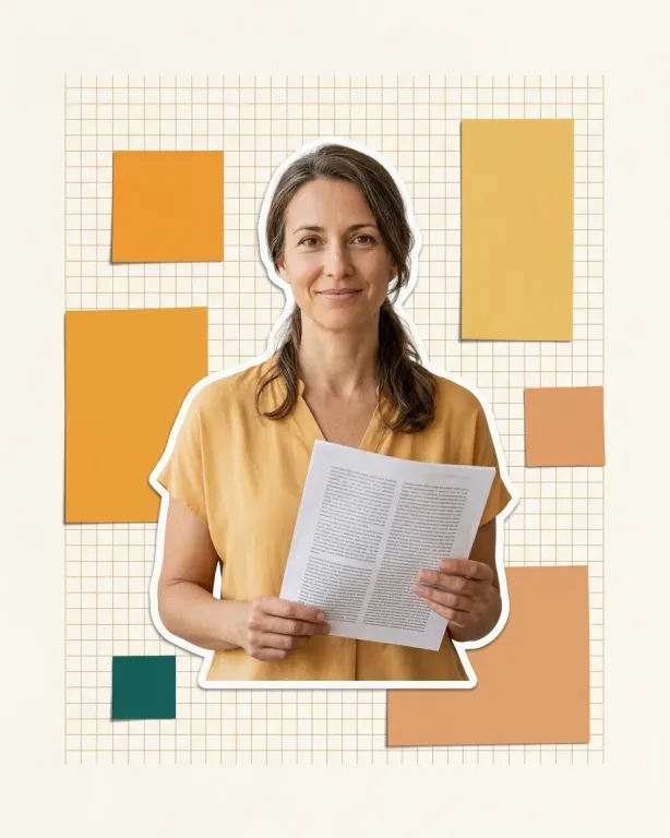 A linguist holding a printed page, cut out against the page