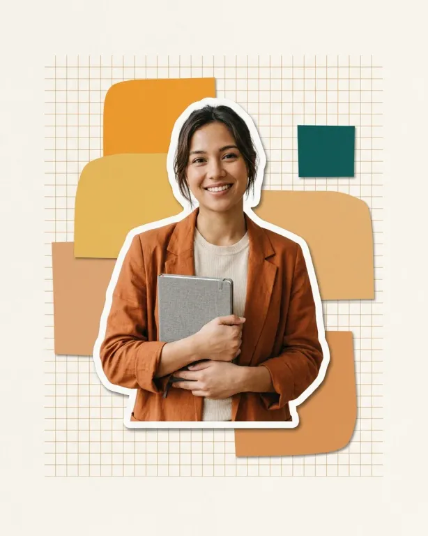 A project manager holding a notebook, cut out against the page