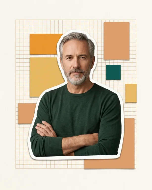 A reviewer with folded arms, cut out against the page